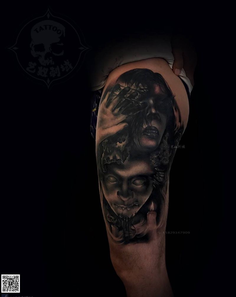 和尚老师原创暗黑大腿纹身图片_腿部欧美写实暗黑原创纹身图案