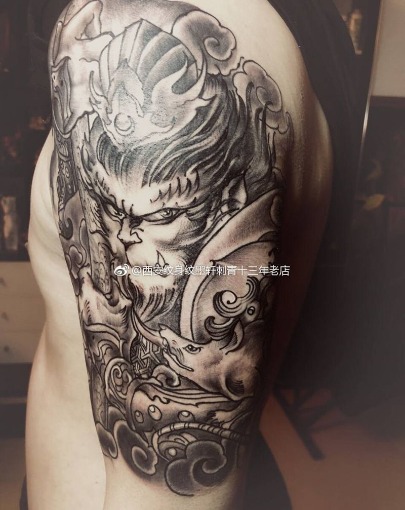 西安纹身悟空大圣归来纹身图片_成品手臂手部传统写实国画人物动物原创纹身图案