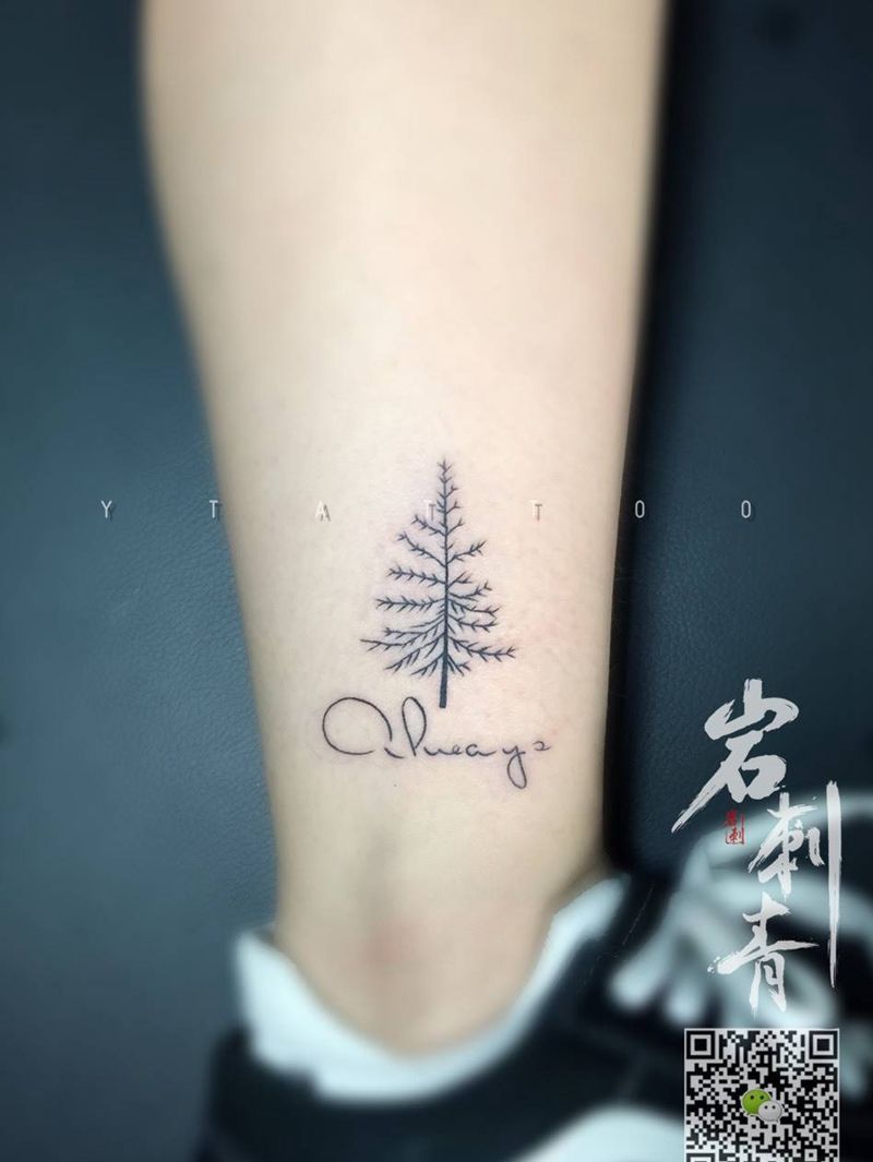 树纹身图片_成品腿部清新植物字符纹身图案