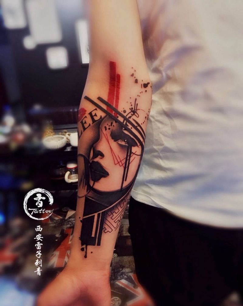 几何美女纹身图片_手臂欧美写实几何纹身图案