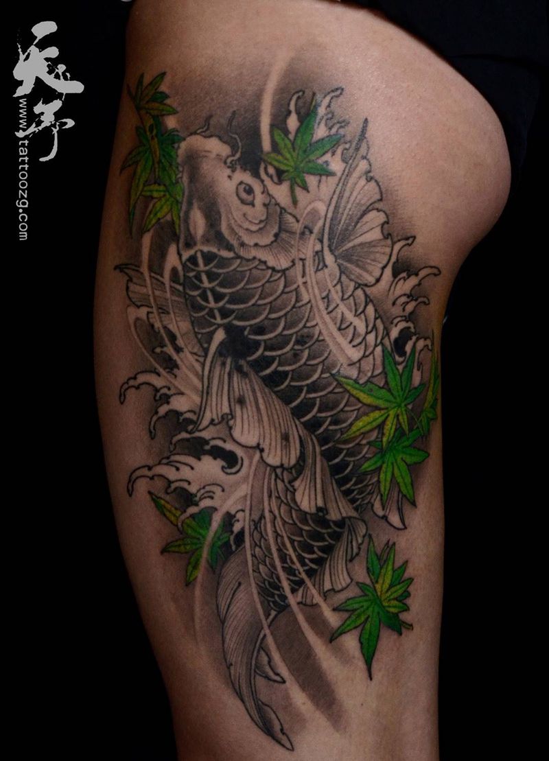 西安天予刺青传统作品纹身图片_成品腿部传统动物原创鲤鱼植物纹身图案