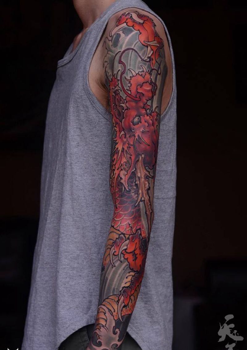 西安天予刺青传统作品纹身图片_手臂新传统龙纹身图案