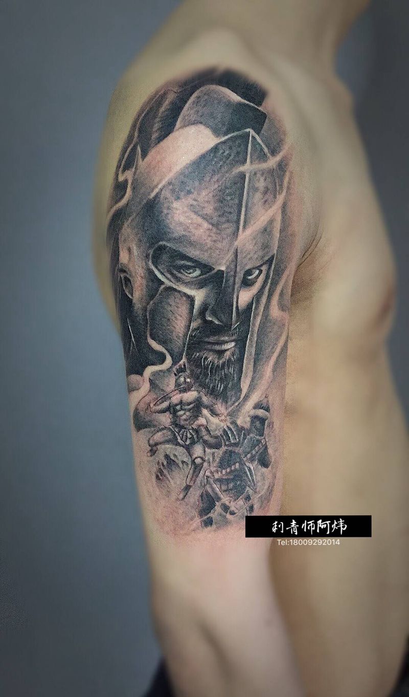 斯巴达勇士纹身图片_手臂肩部欧美写实勇士战争战士纹身图案