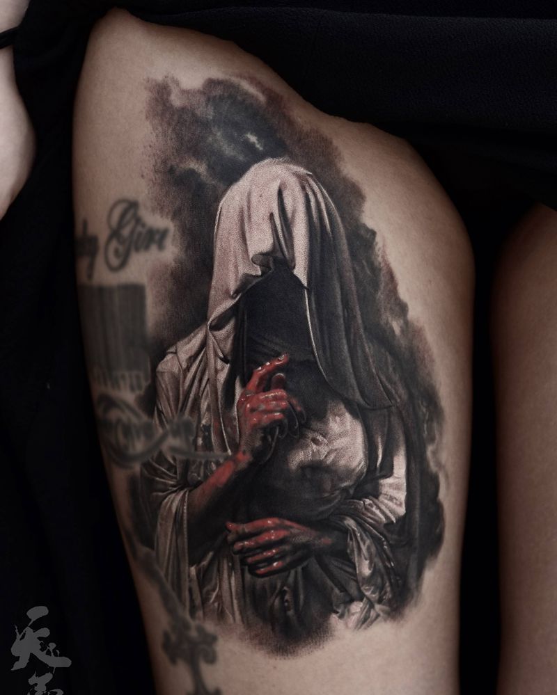 西安天予刺青写实作品纹身图片_腿部欧美写实纹身图案