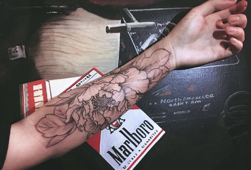 小臂牡丹纹身图片_成品手臂欧美植物纹身图案