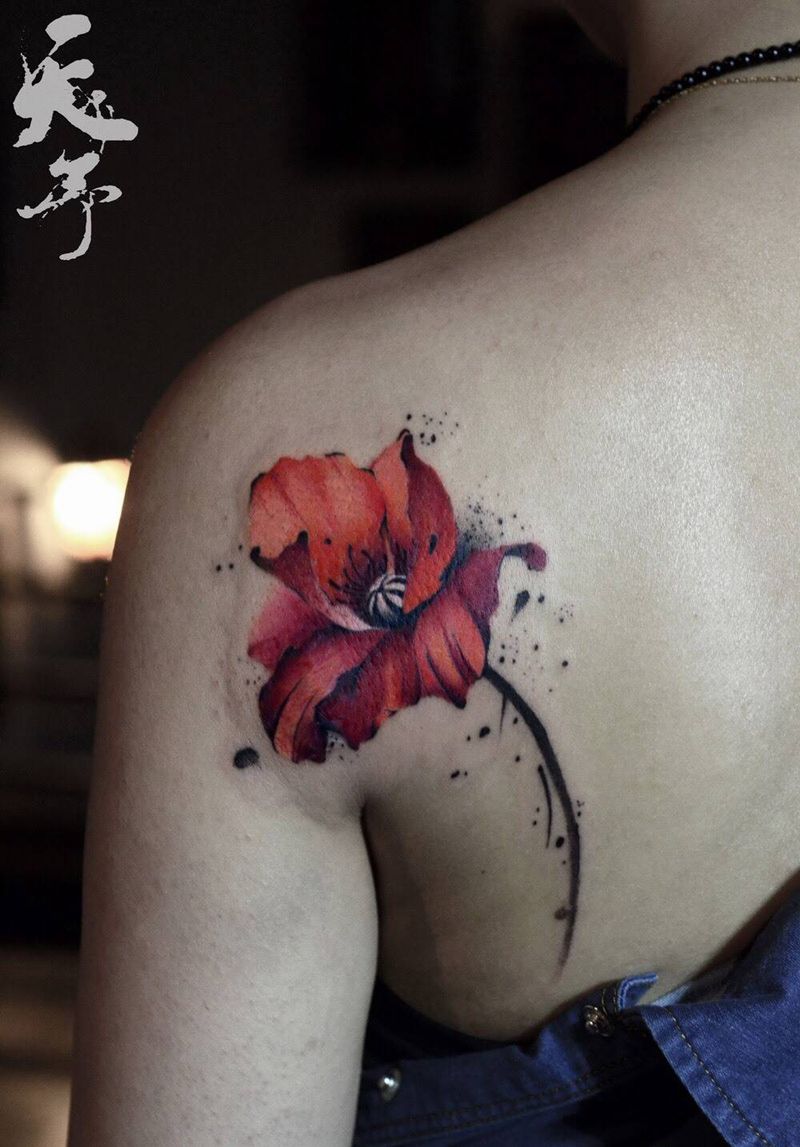 西安天予刺青彩色作品纹身图片_西安彩色遮盖原创成品背部肩部植物花纹身图案