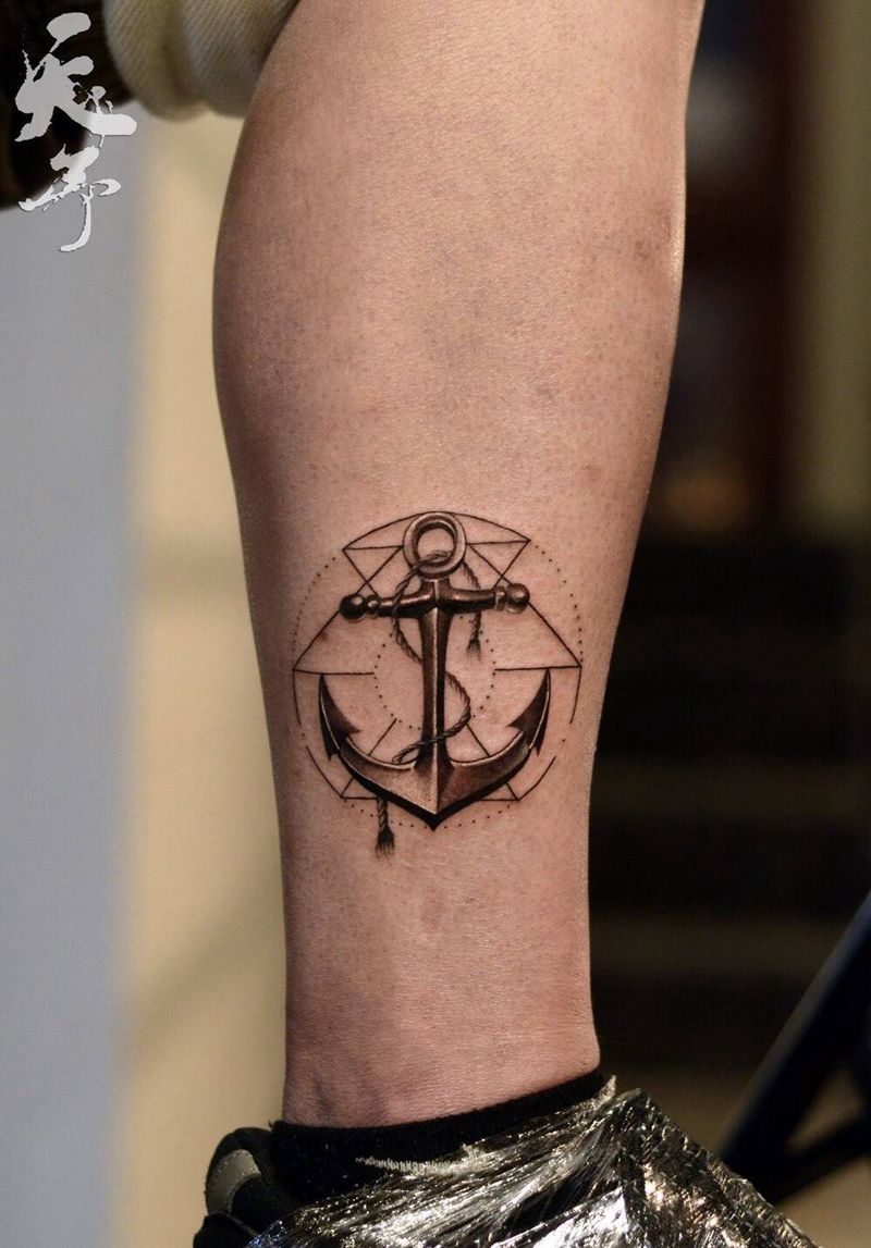 西安天予刺青黑灰作品纹身图片_成品腿部写实静物原创几何西安黑灰帆船纹身图案