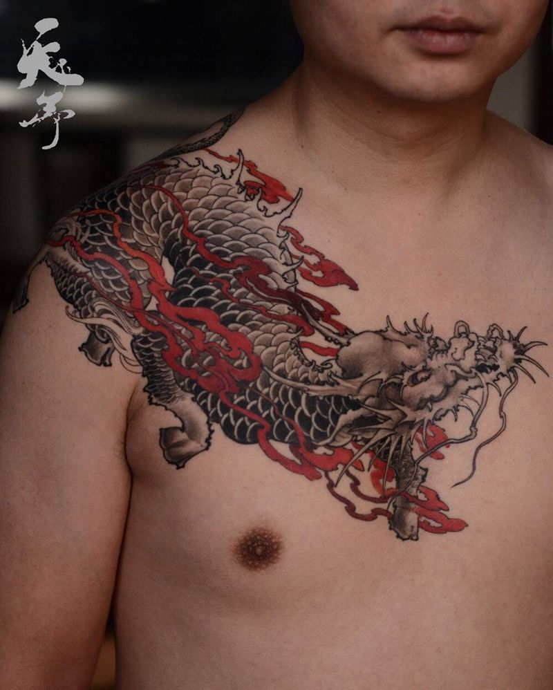 西安天予刺青传统作品纹身图片_成品胸部肩部传统原创西安彩色麒麟鬼神动物纹身图案