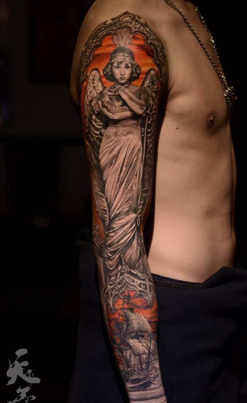 西安天予刺青写实作品纹身图片_成品手臂欧美写实肖像人物西安彩色天使帆船纹身图案