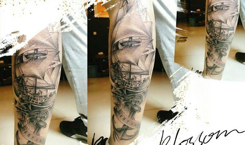 小腿帆船纹身图片