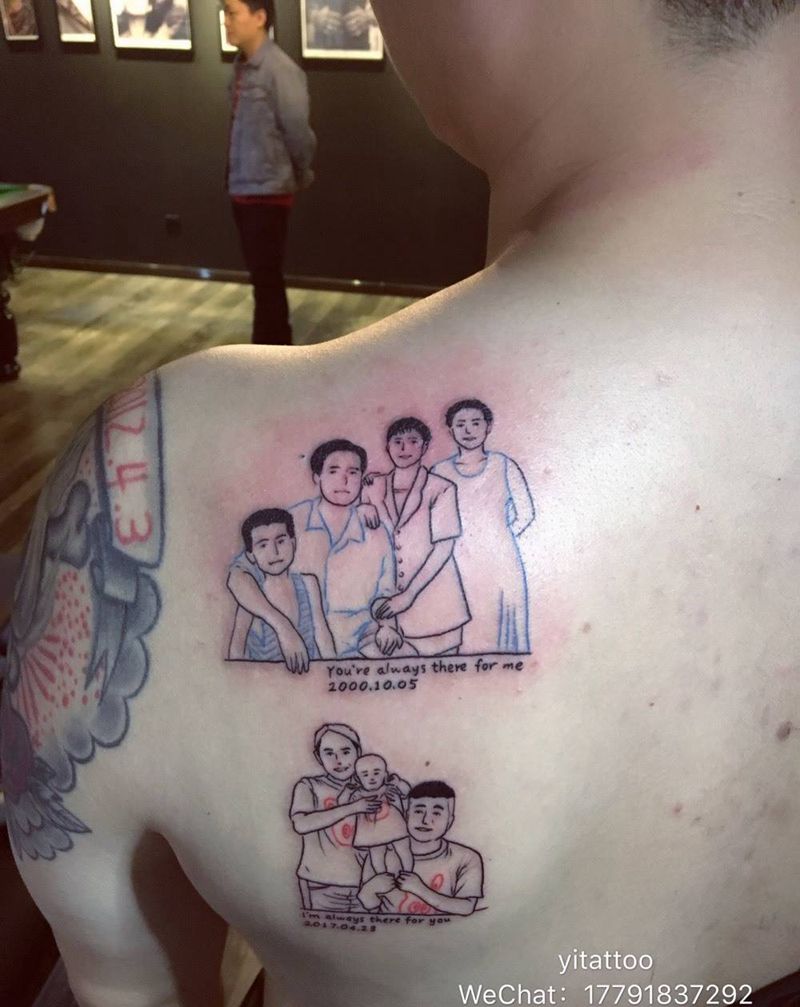 简笔画全家福纹身图片_西安义刺青原创人物成品背部清新肖像纹身图案