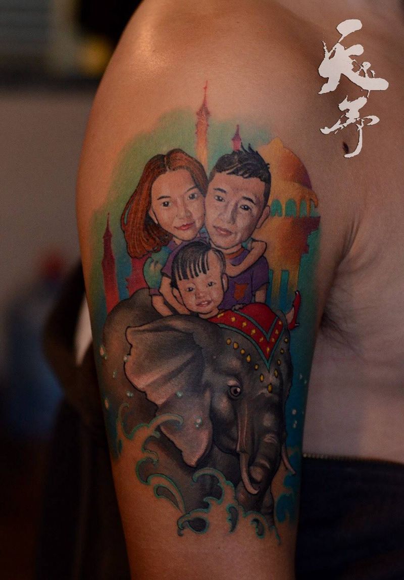 西安天予刺青彩色作品纹身图片_成品手臂肖像欧美原创人物彩色西安大象纹身图案