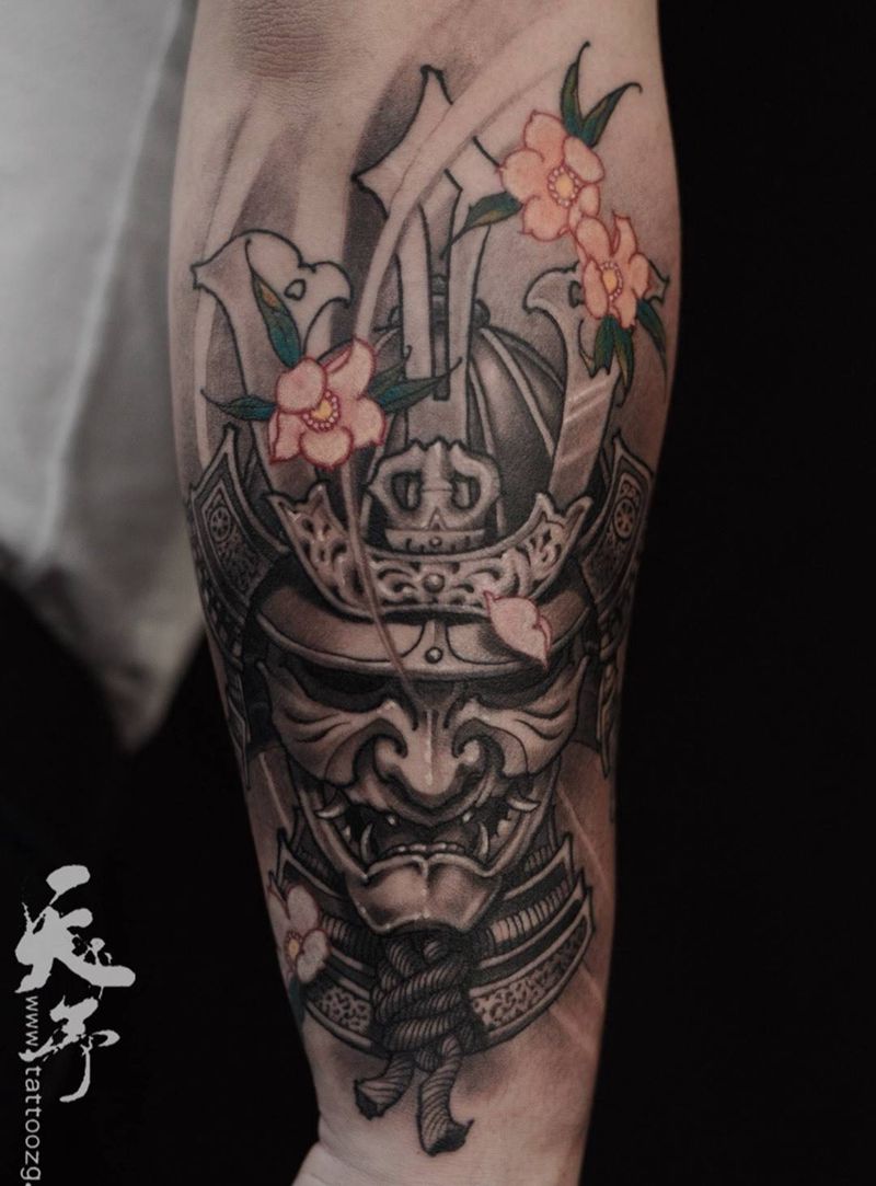 西安天予刺青传统作品纹身图片_成品手臂传统人物鬼神原创西安彩色黑灰鬼武纹身图案