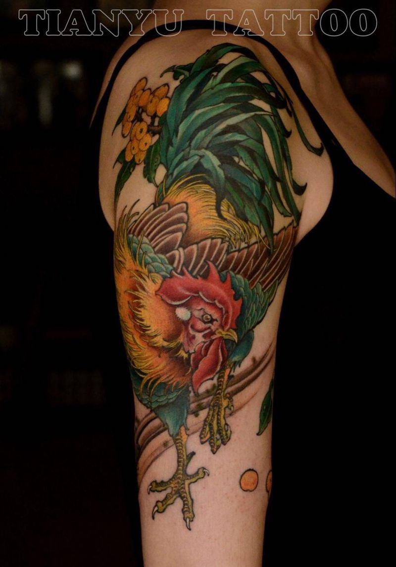 西安天予刺青传统作品纹身图片_成品手臂传统动物原创西安鸡纹身图案