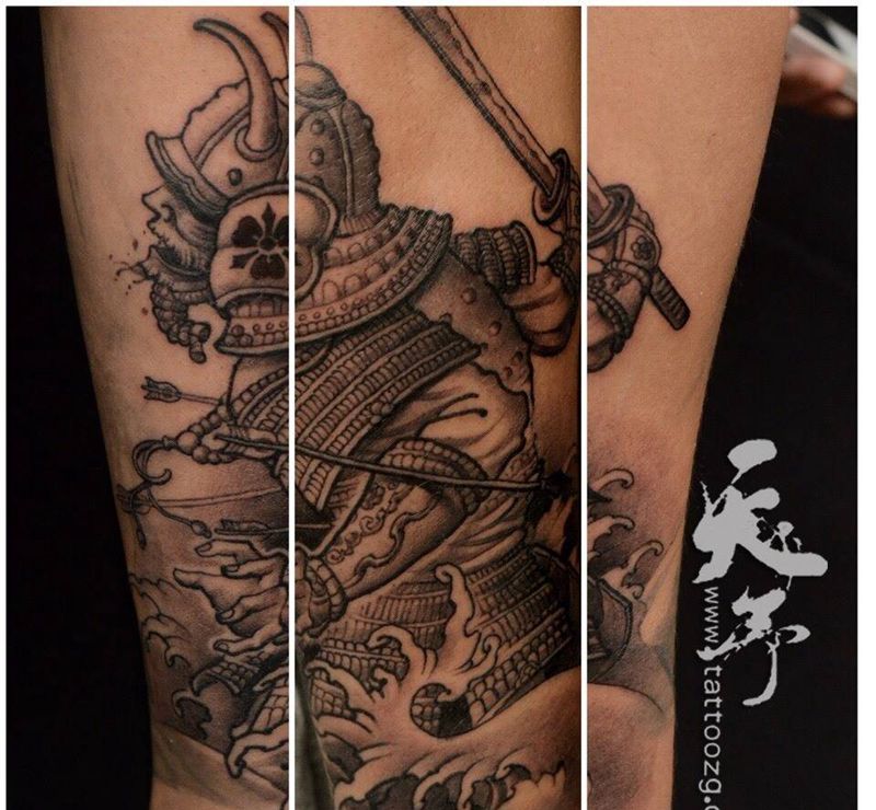 西安天予刺青传统作品纹身图片_成品手臂腿部传统鬼神人物原创西安黑灰纹身图案