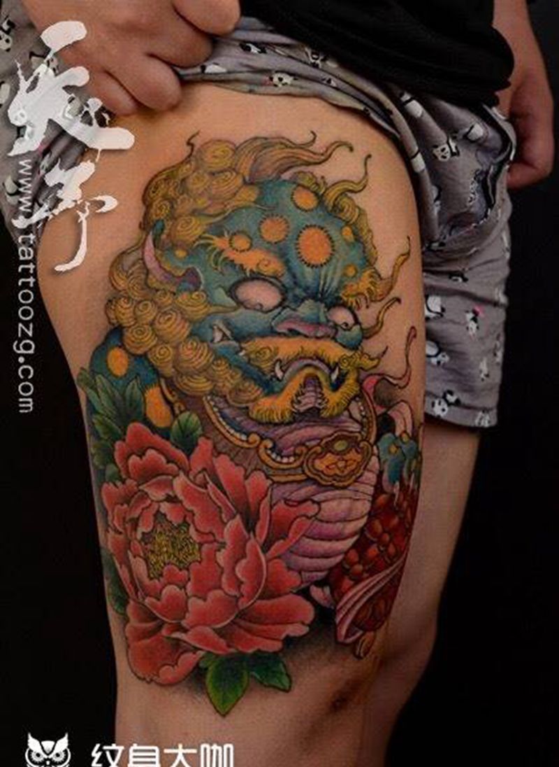 西安天予刺青传统作品纹身图片_成品腿部臀部传统鬼神原创动物西安彩色纹身图案