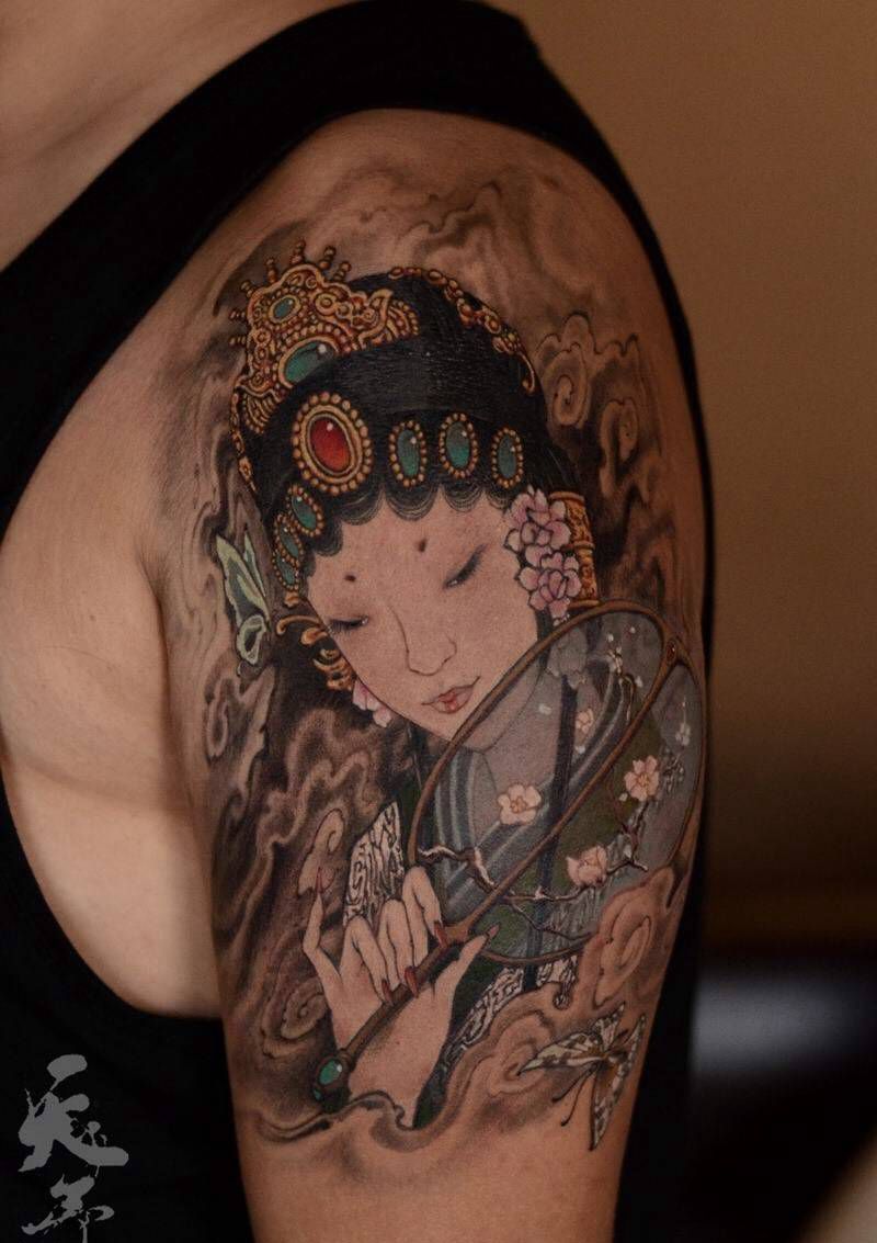 西安天予刺青传统作品纹身图片_成品手臂传统习俗肖像人物原创西安彩色花旦纹身图案
