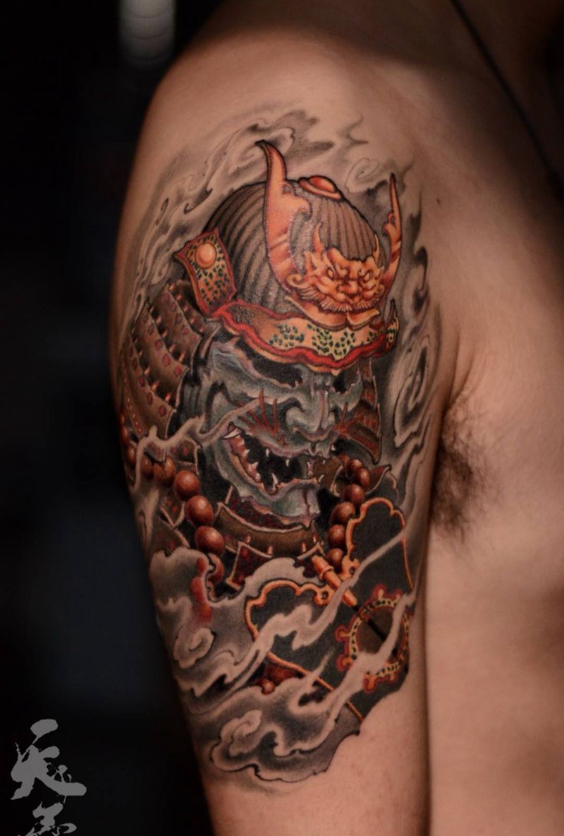 西安天予刺青传统作品纹身图片_成品手臂传统肖像人物原创西安彩色鬼武纹身图案