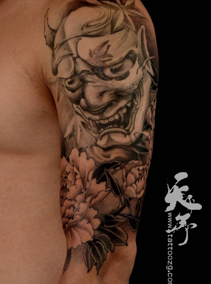 西安天予刺青传统作品纹身图片_般若成品传统鬼神原创西安黑灰彩色手臂手部纹身图案