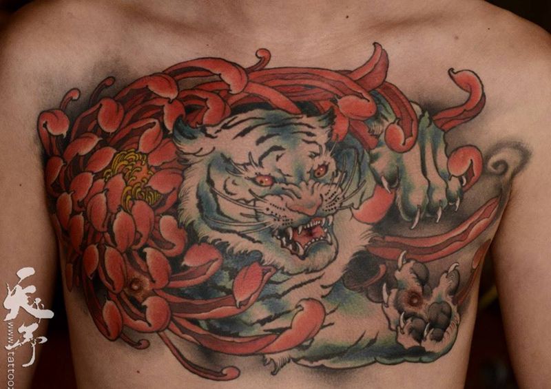 西安天予刺青传统作品纹身图片_成品胸部传统动物植物西安彩色老虎菊花纹身图案