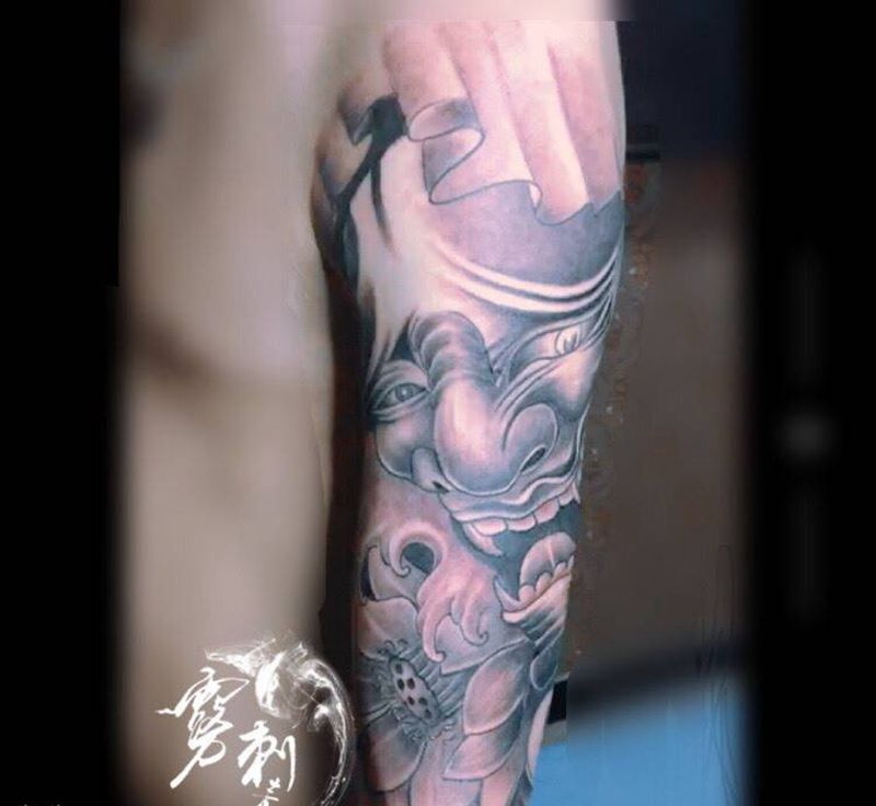 大臂般若纹身图片_成品手臂传统鬼神纹身图案