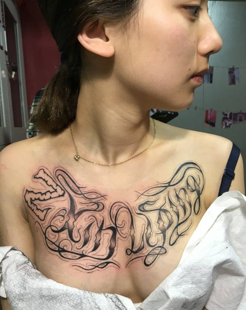 奇卡诺字体花胸纹身图片_成品胸部原创纹身图案