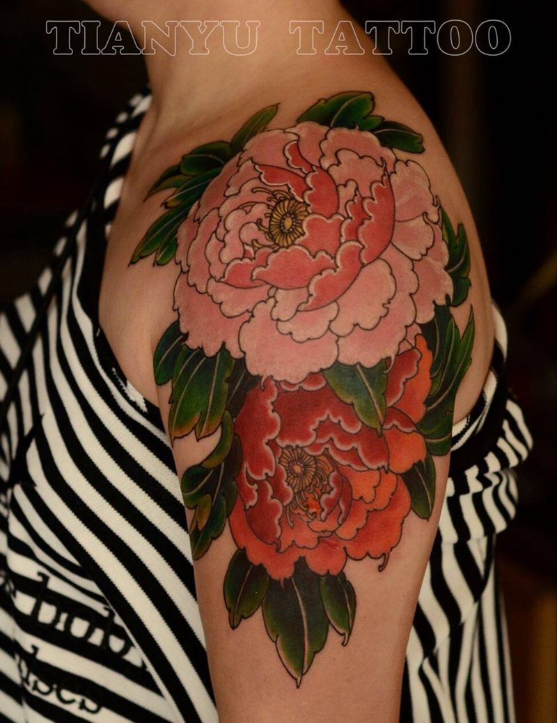 西安天予刺青传统作品纹身图片_手臂传统植物西安彩色牡丹传统纹身图案