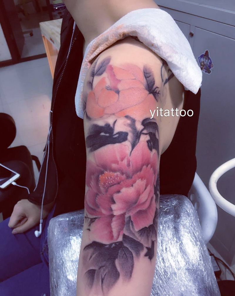 国画风格牡丹纹身图片_成品西安义刺青原创植物手臂纹身图案