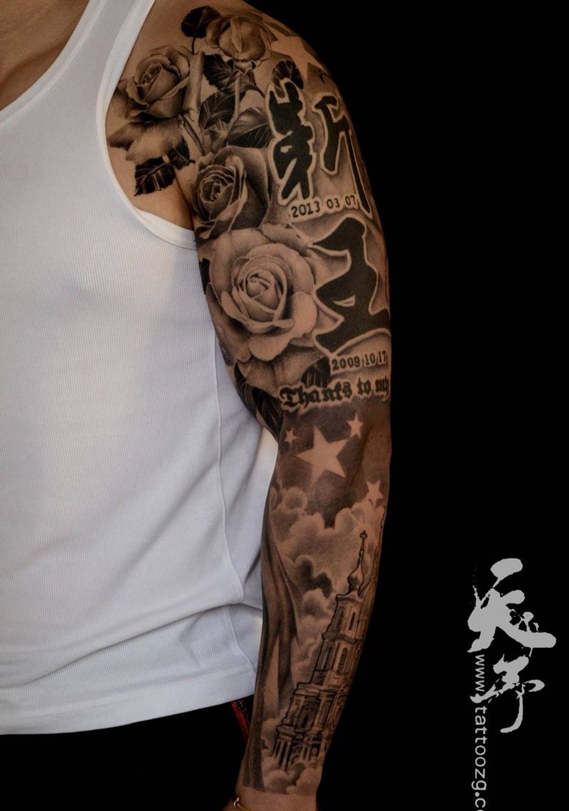 西安天予刺青写实作品纹身图片_成品手臂欧美肖像写实人物原创植物西安黑灰纹身图案