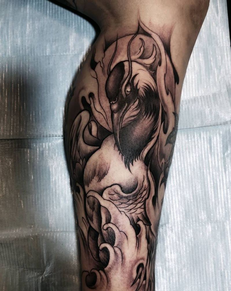 鹤纹身图片_腿部纹身图案