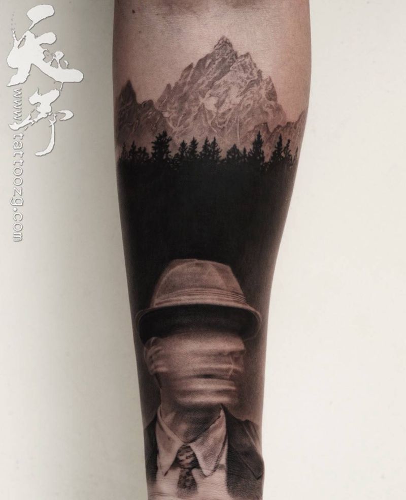 西安天予刺青写实作品纹身图片_成品手臂欧美写实肖像人物黑灰西安纹身图案