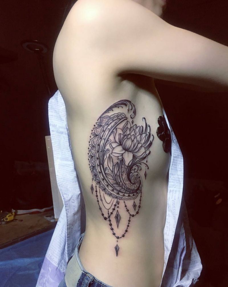 腰花纹身图片_成品腰部清新几何西安义刺青纹身图案