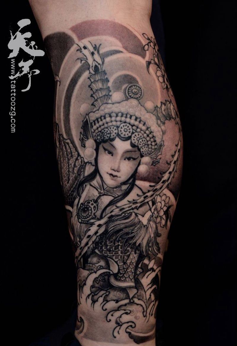 西安天予刺青传统作品纹身图片_成品腿部传统习俗肖像原创人物花旦纹身图案