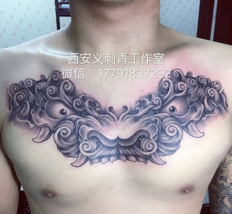 唐狮纹身图片_原创宗教鬼神传统习俗成品胸部手稿纹身图案