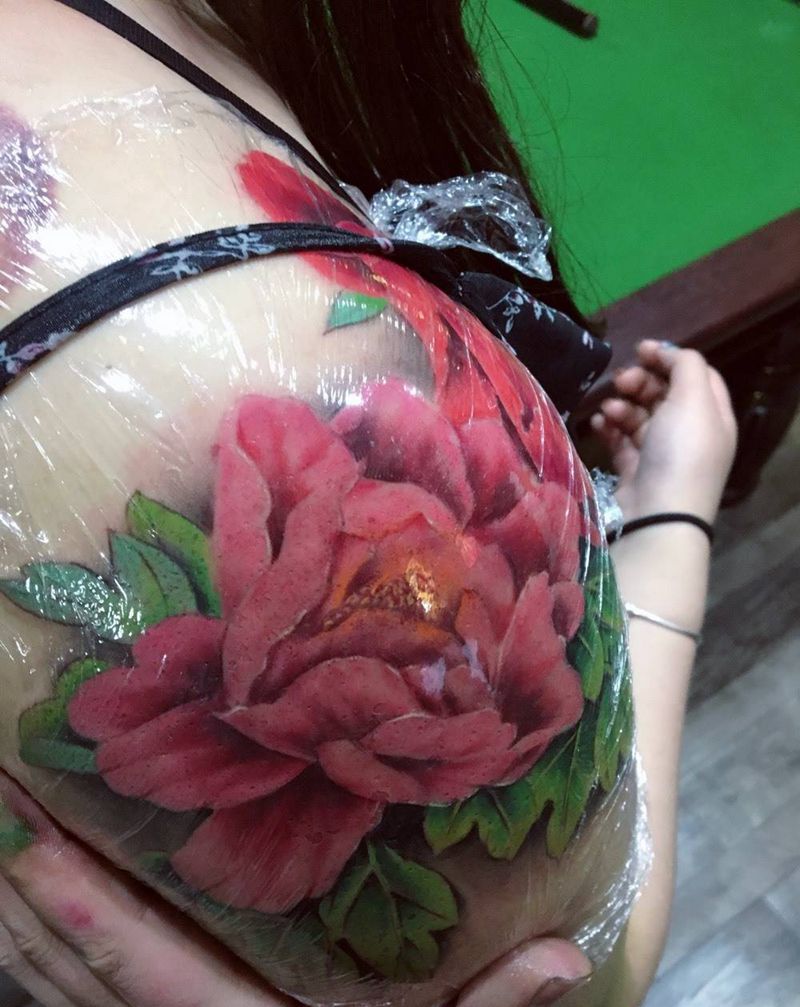 写实牡丹纹身图片_成品手臂写实西安义刺青原创植物纹身图案