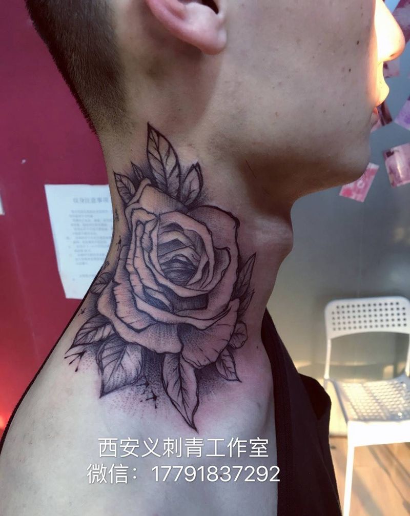玫瑰纹身图片_原创成品颈部欧美清新植物纹身图案