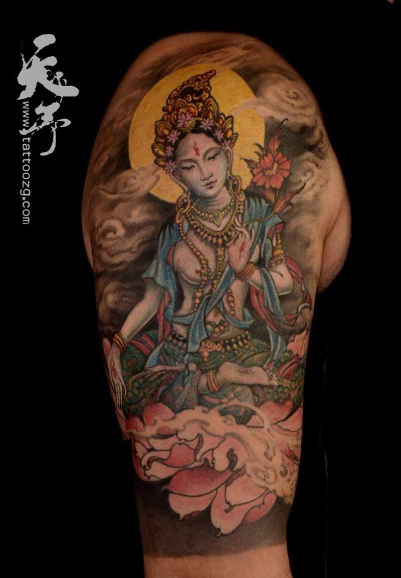 西安天予刺青传统作品纹身图片_成品手臂肩部传统鬼神原创宗教西安彩色黑灰纹身图案