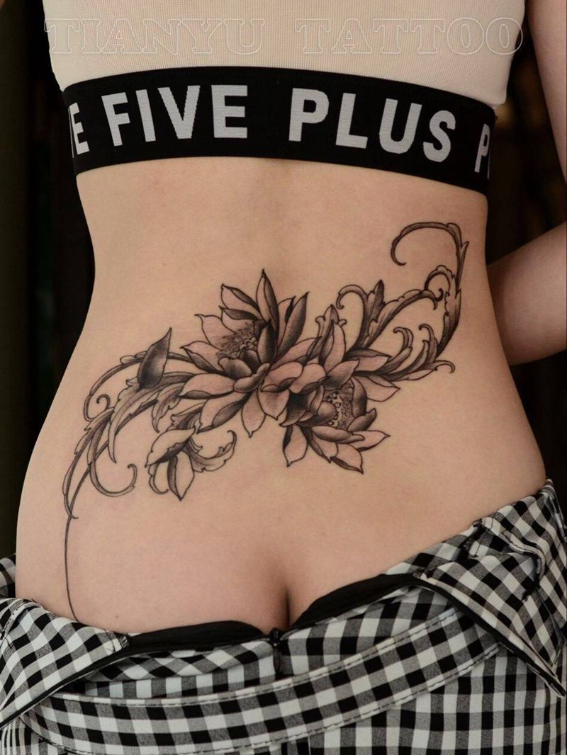 西安天予刺青黑灰作品纹身图片_成品腰部背部清新植物原创西安黑灰彩色纹身图案