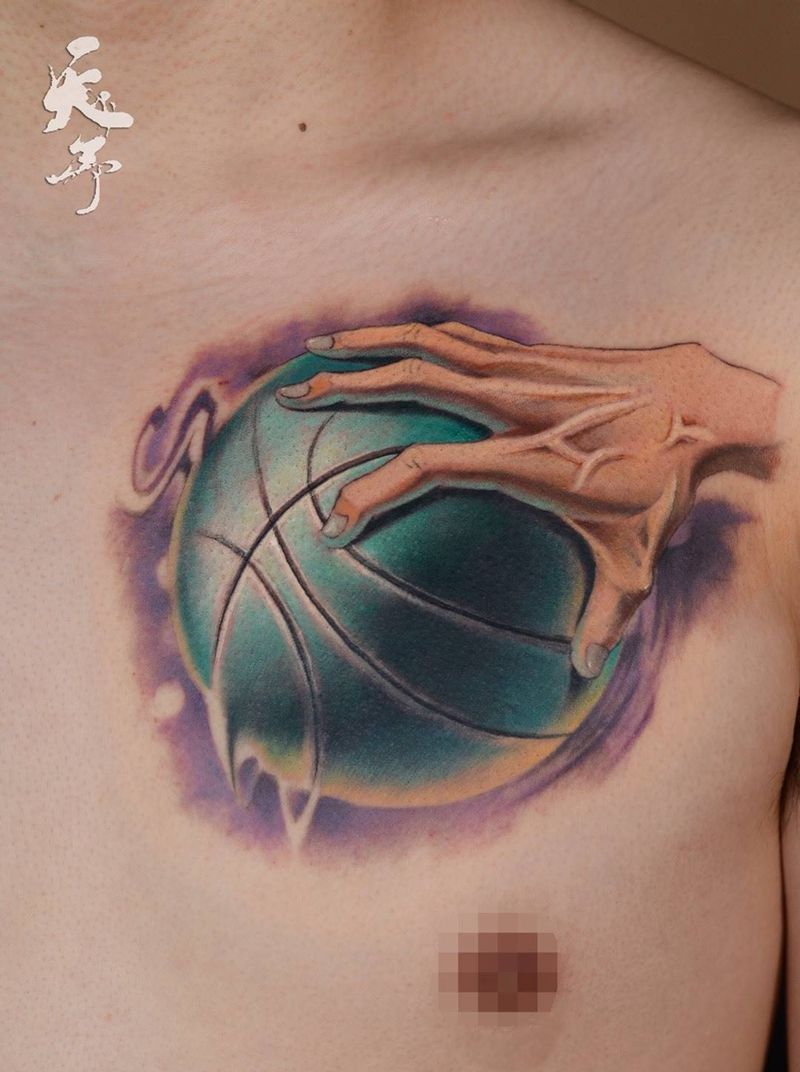 西安天予刺青写实作品纹身图片_胸部篮球纹身图案