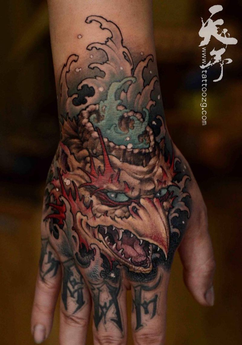 西安天予刺青传统作品纹身图片_成品手部传统鬼神彩色西安河童纹身图案