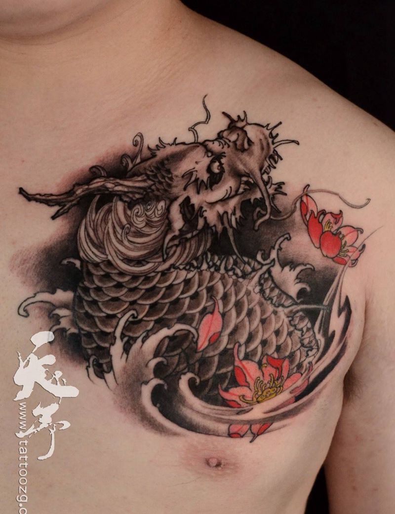 西安天予刺青传统作品纹身图片_成品胸部肩部传统鬼神原创西安黑灰彩色麒麟纹身图案