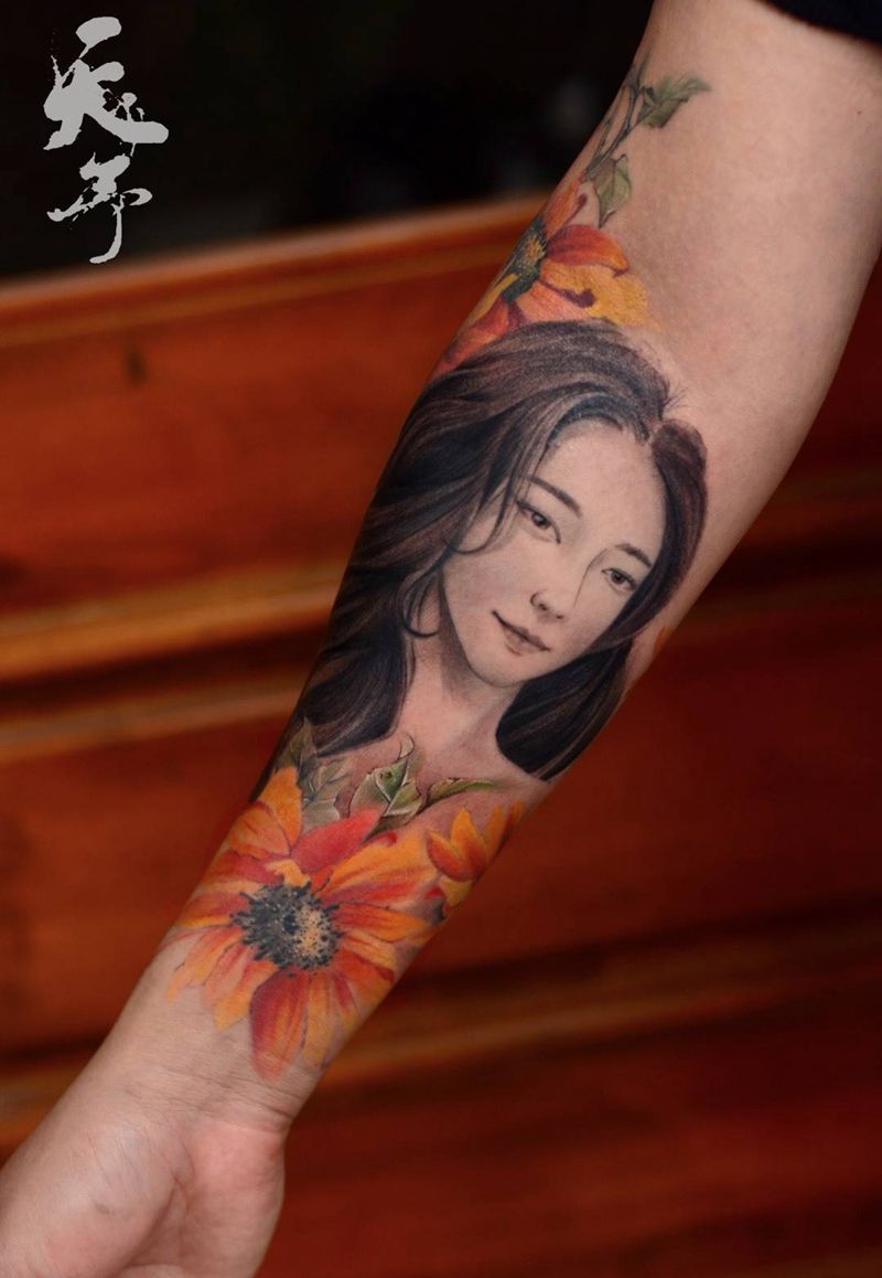 西安天予刺青彩色作品纹身图片_向日葵纹身图案