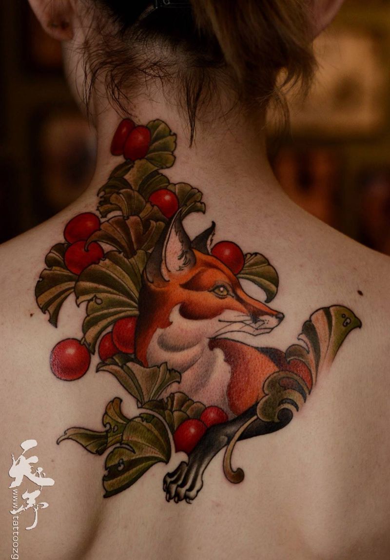 西安天予刺青彩色作品纹身图片_成品背部清新动物植物原创西安彩色黑灰纹身图案