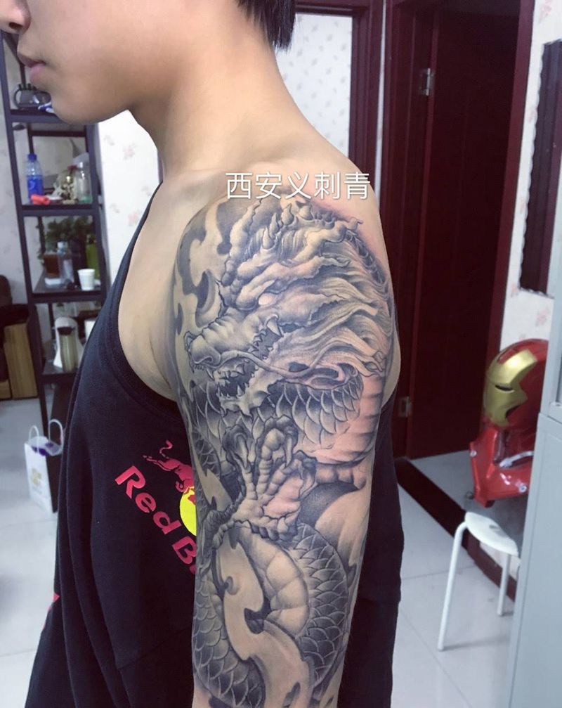 原创大臂邪龙遮盖纹身图片_成品手臂传统宗教原创西安义刺青纹身图案