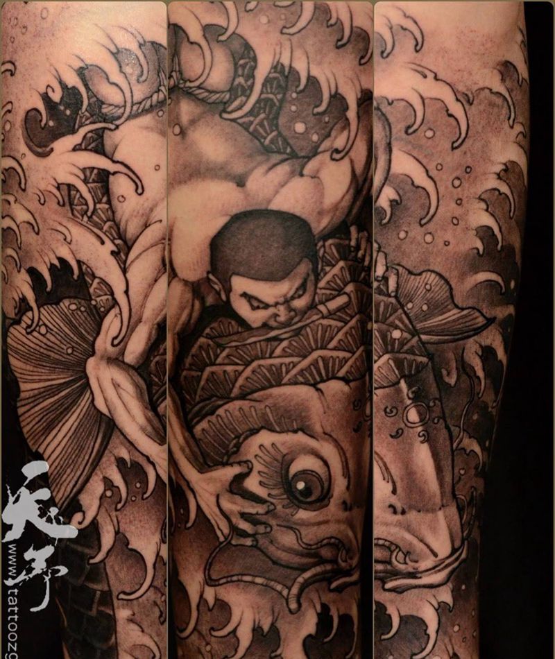 西安天予刺青传统作品纹身图片_传统成品腿部人物原创西安黑灰动物鲤鱼彩色纹身图案