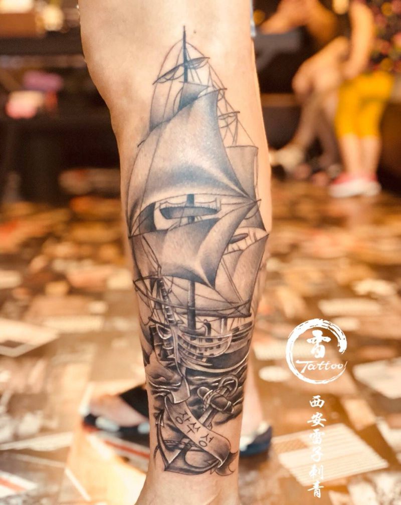 帆船纹身图片_成品腿部写实静物原创纹身图案
