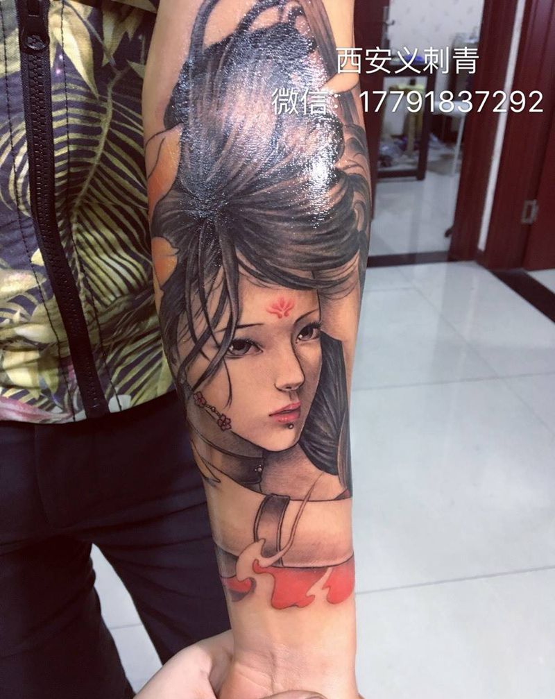 花臂未完成50%进度纹身图片_手臂传统人物鬼神西安义刺青纹身图案