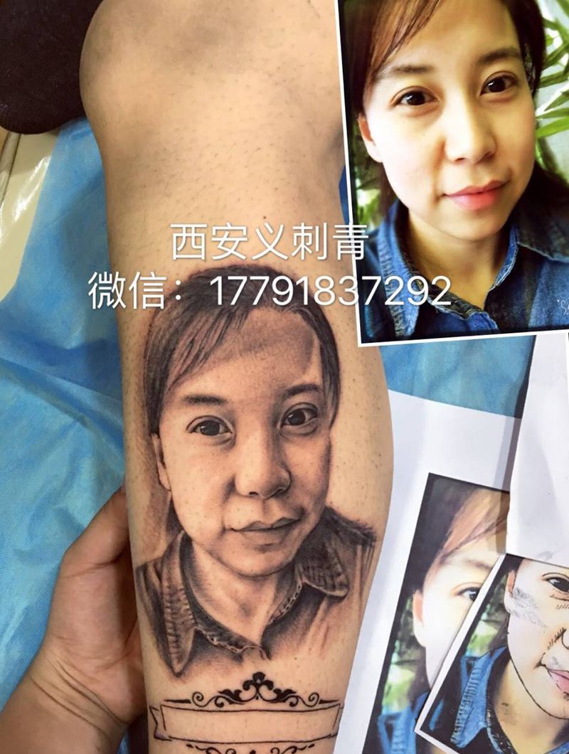 人物肖像作品纹身图片_腿部肖像人物原创纹身图案