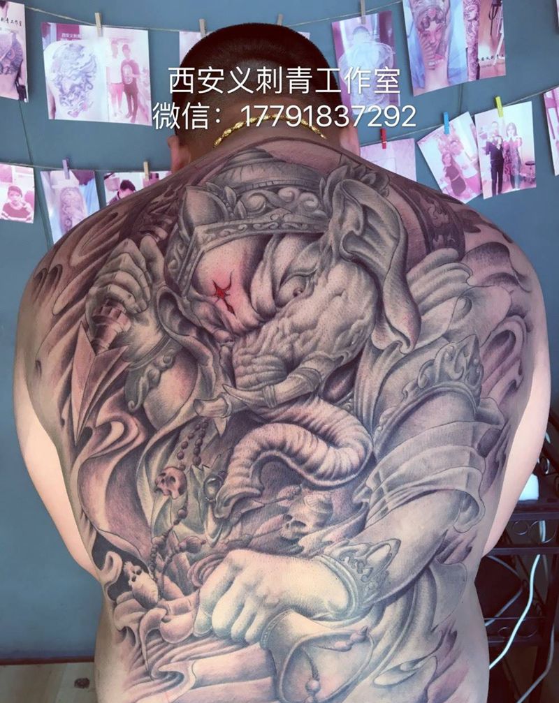满背象神纹身图片_成品背部传统鬼神动物纹身图案