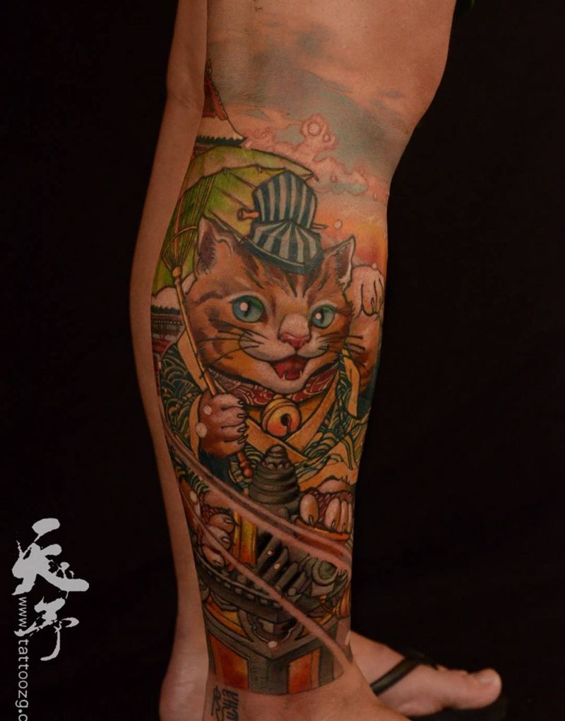 西安天予刺青传统作品纹身图片_成品腿部脚部传统动物原创西安黑灰彩色招财猫纹身图案